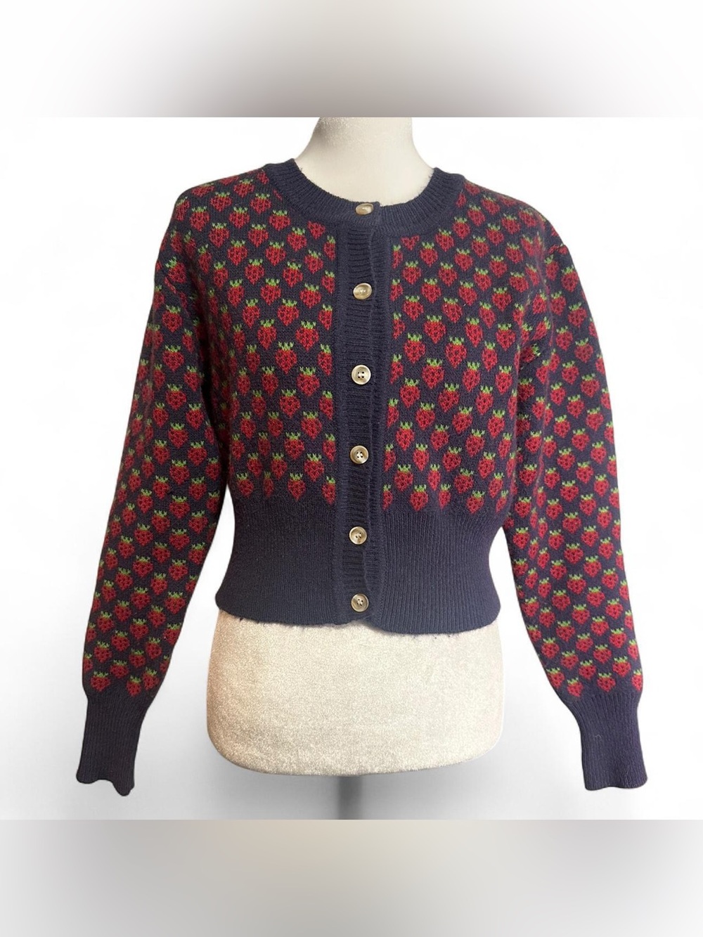 Navy Strawberry Pattern Button-Front Cardigan Sweater Size XS